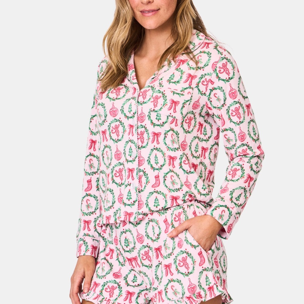 Roller Rabbit Festive Christmas  Pink and Green Pajama Set